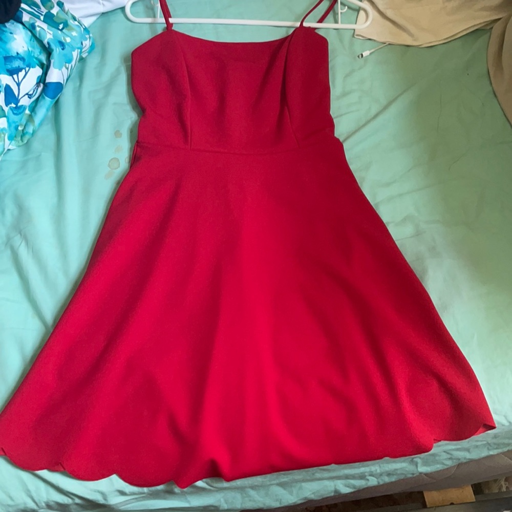 Red Mini A Line Dress with Scallop Edge Trim
